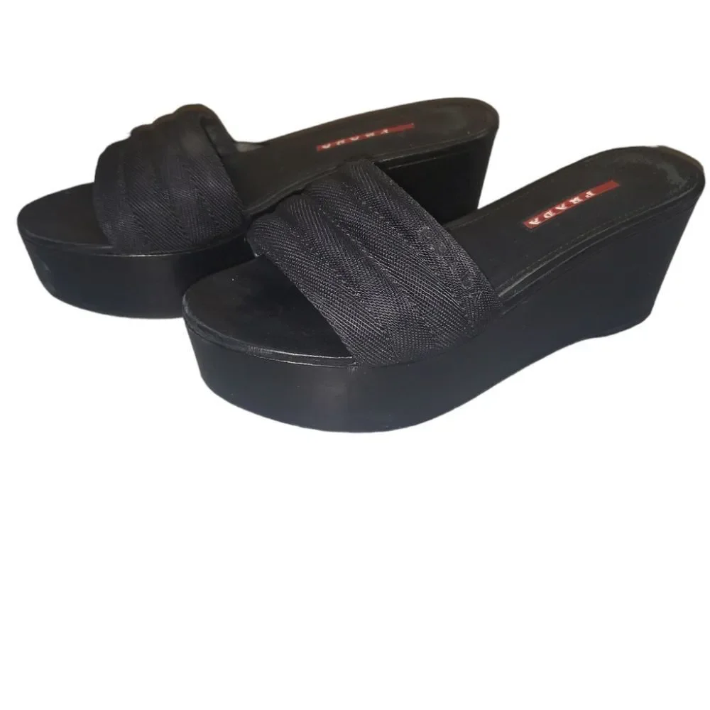 PRADA Vintage Y2K 2000s Black Mesh‎ Leather Platform Slip-on Sandal Size 36